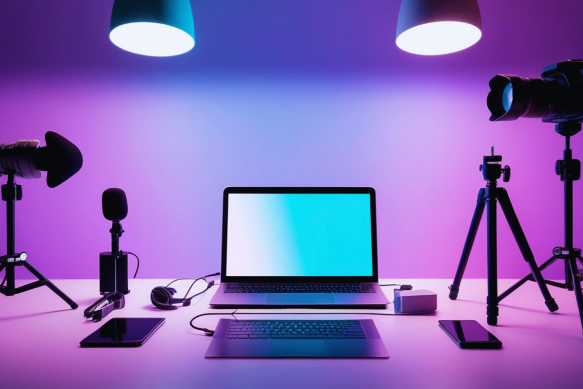 Un bureau sur lequel se trouve un micro, une caméra ainsi qu’un ordinateur - Creator-academy
